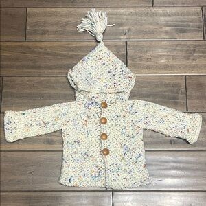 Hand-Knit Ivory Speckled Hooded Baby Coat